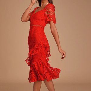 Lulus Red Lace Ruffled Midi Dress Small